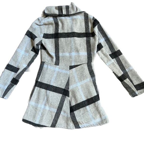 FAVLUX GRAY / BLACK / LIGHT BLUE PLAID WINDOW PANE DRAPE COAT SIZE SMALL - Picture 5 of 8